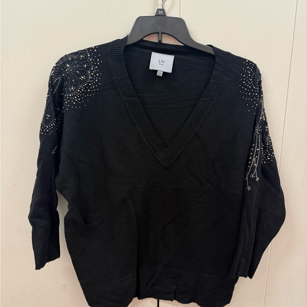 LIV Women's Black V-Neck Sweater with Embellishments